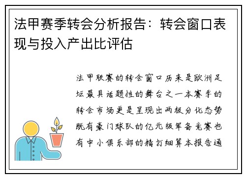 法甲赛季转会分析报告：转会窗口表现与投入产出比评估